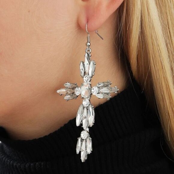 Vintage Art Deco Style Vamp Royal Tudor Rhinestone Cross Drop Statement - Picture 3 of 6